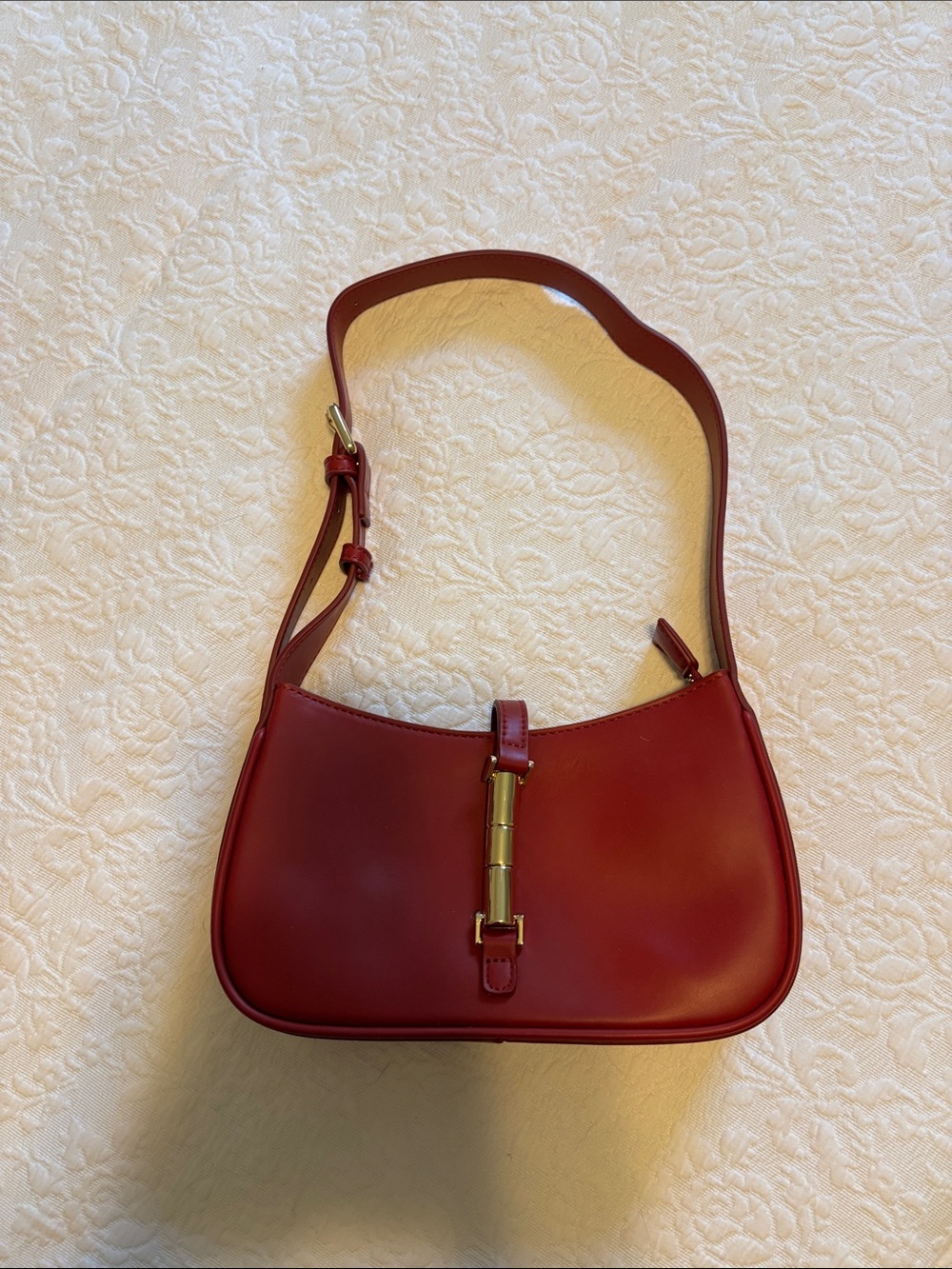 Lulu's Crimson Leather Shoulder Bag with Gold Accent